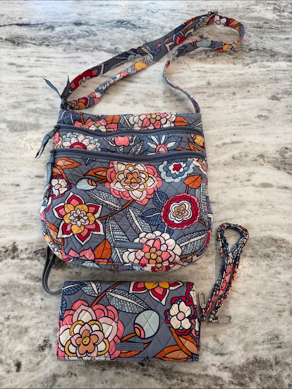 Vera Bradley Tropical Evening Quilted Crossbody Matching Wallet Set Floral Bag